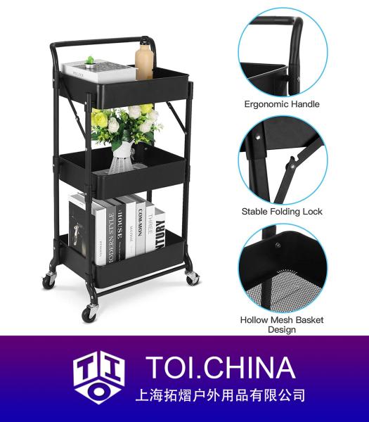 3 Tier Metal Utility Rolling Cart, Folding Mobile Storage Trolley