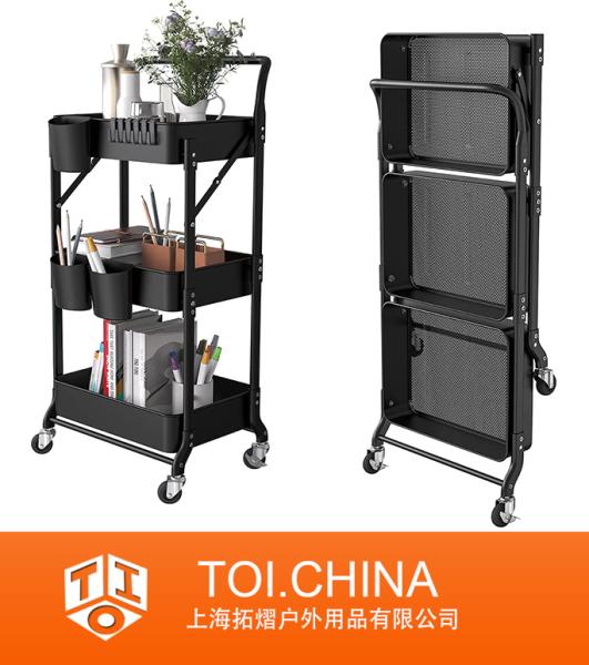 Foldable Metal Rolling Cart, Metal Trays Utility Cart